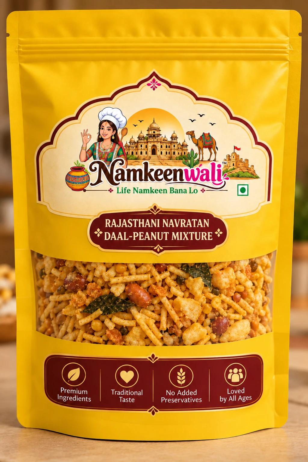 Rajasthani Navratan Daal-Peanut Mixture in a yellow Namkeenwali pouch