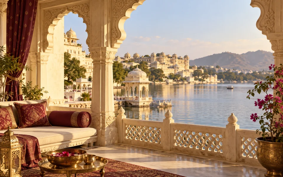 Original artistic Udaipur-inspired palace and lake setting